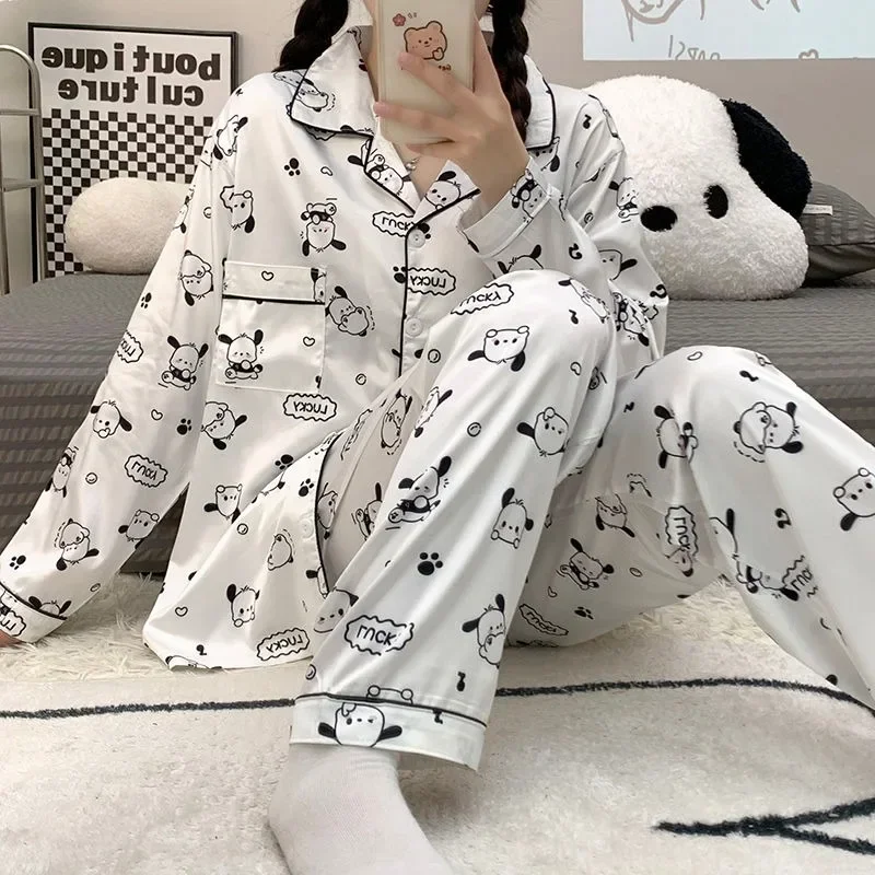 Disney-Pijama de punto de dibujos animados para mujer, pijama de manga larga, seda de hielo, se puede usar fuera, ropa de casa de gran tamaño, primavera y otoño