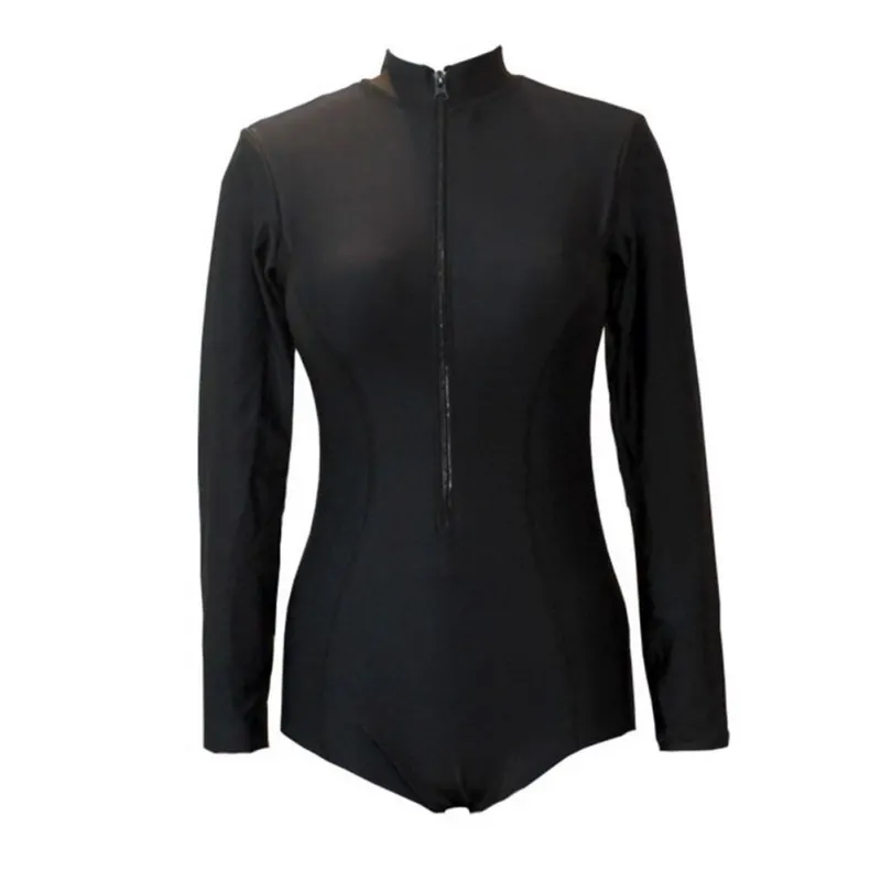 New Women Conservative Long Sleeve Swimwear Swimsuit High Leg Bikini Boxer Pants Traditional One-piece Zipper Swimming Suit