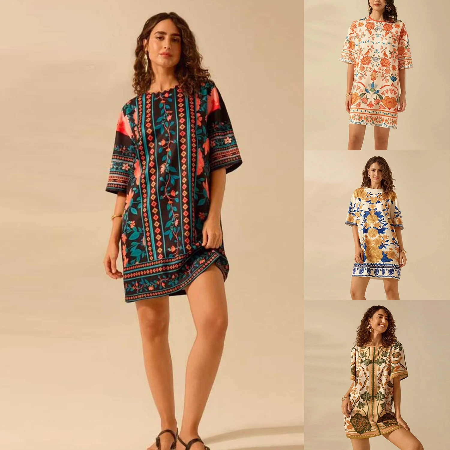 

Women Spring Summer O Neck Print Loose Casual Mini Dress