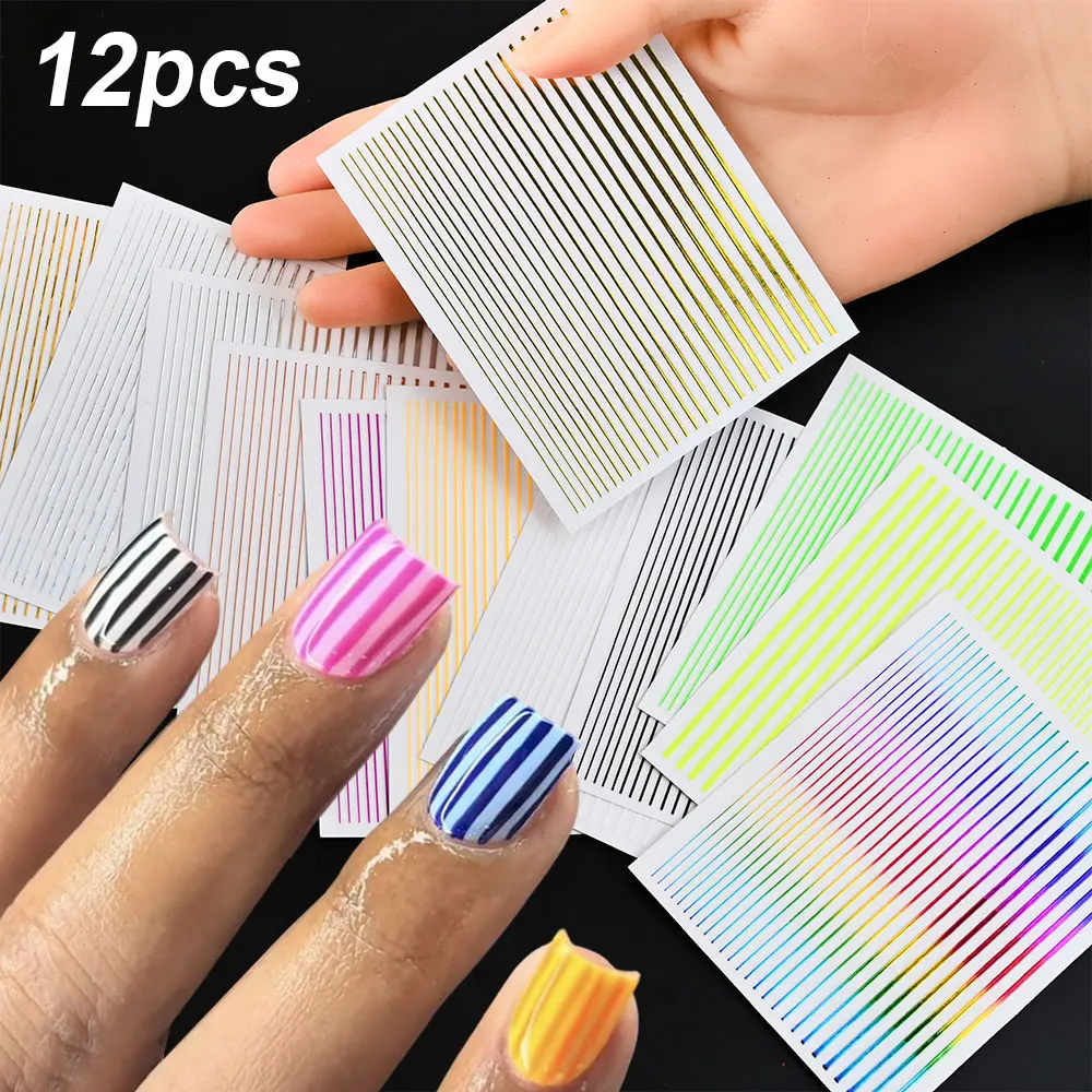 1/12pcs 12colors 3D French Stripe Lines Nail Sticker Gold Silver Straight Strip Line Nail Decals Self Adhesive Lines Nail Decora