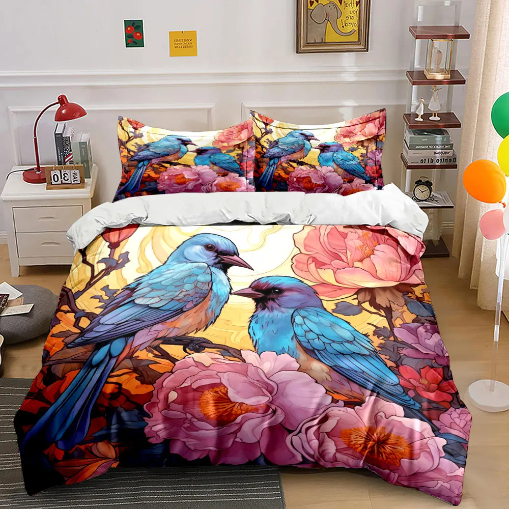 Floral Birds Art Decor Set Bedding Set with 1 Duvet Cover 2 Pillowcases Single Double King Queen, Gift