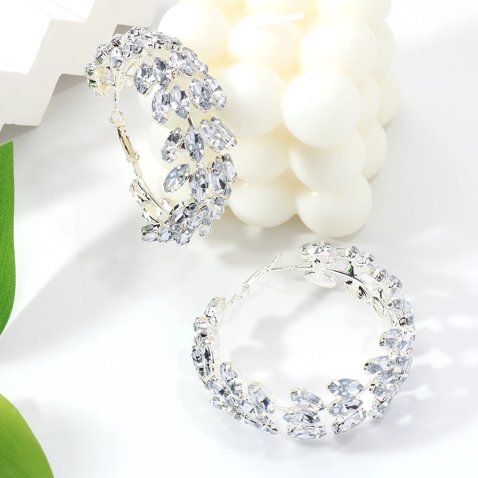 Crystal Hoop Earrings Rhinestone Leaf Cluster Oversized Statement Jewelry for Women Bridal Wedding Prom Party Evening Gala Gift