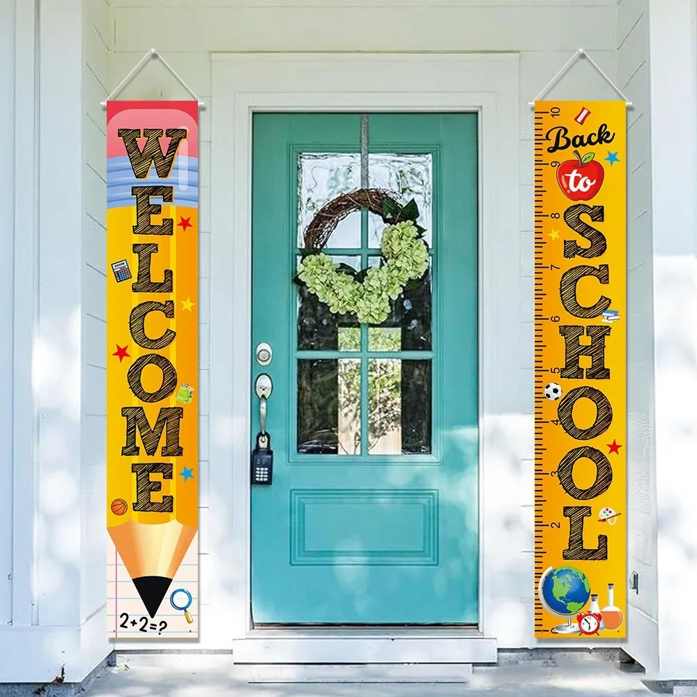 Back to School Door Banner Set, "Welcome" & "Back to School" Pencil & Ruler Porch Signs for Classroom Party Supplies view 2