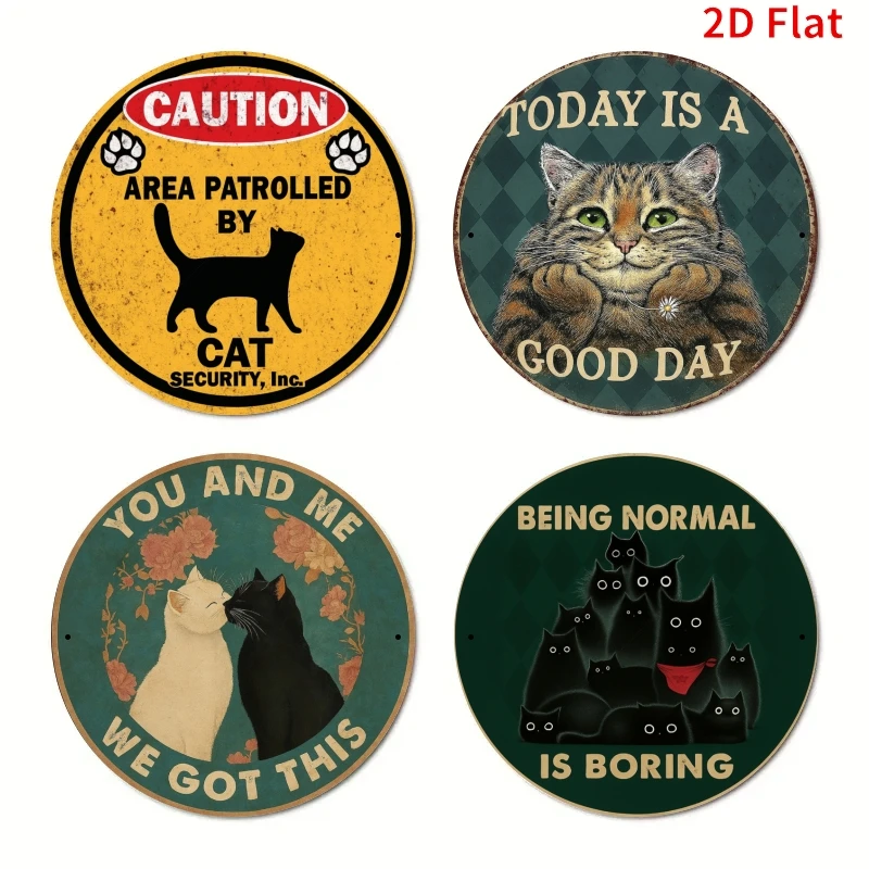2D Flat, 2D Flat - 2D Flat, 4-Pack, 7.8 Inches, Cat Patrol Metal Round Sign, Easy to Hang, Suitable for Streets, Courtyards,