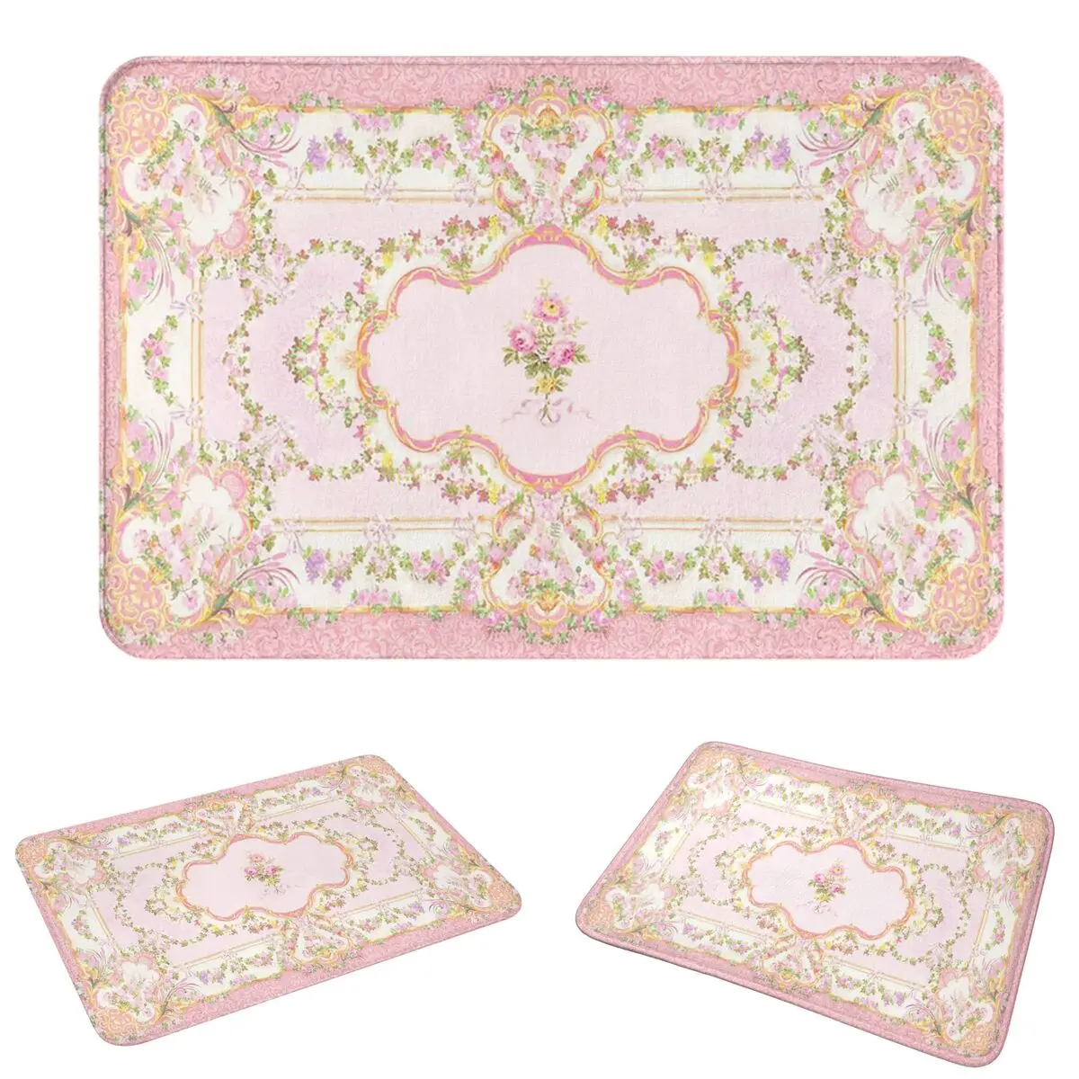 French Rococo Pink Floral Watercolor Panel Non-slip Doormat Floor Mat Dust-proo Carpet Rug for Kitchen Entrance Home Bedroom