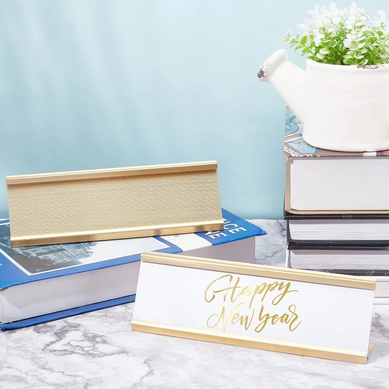 2 Pcs Aluminum Desk Name Plate Holder 7.87x2.42 L-Shaped Metal Desk Name Sign Rack Golden Professional Desktop Display Stand