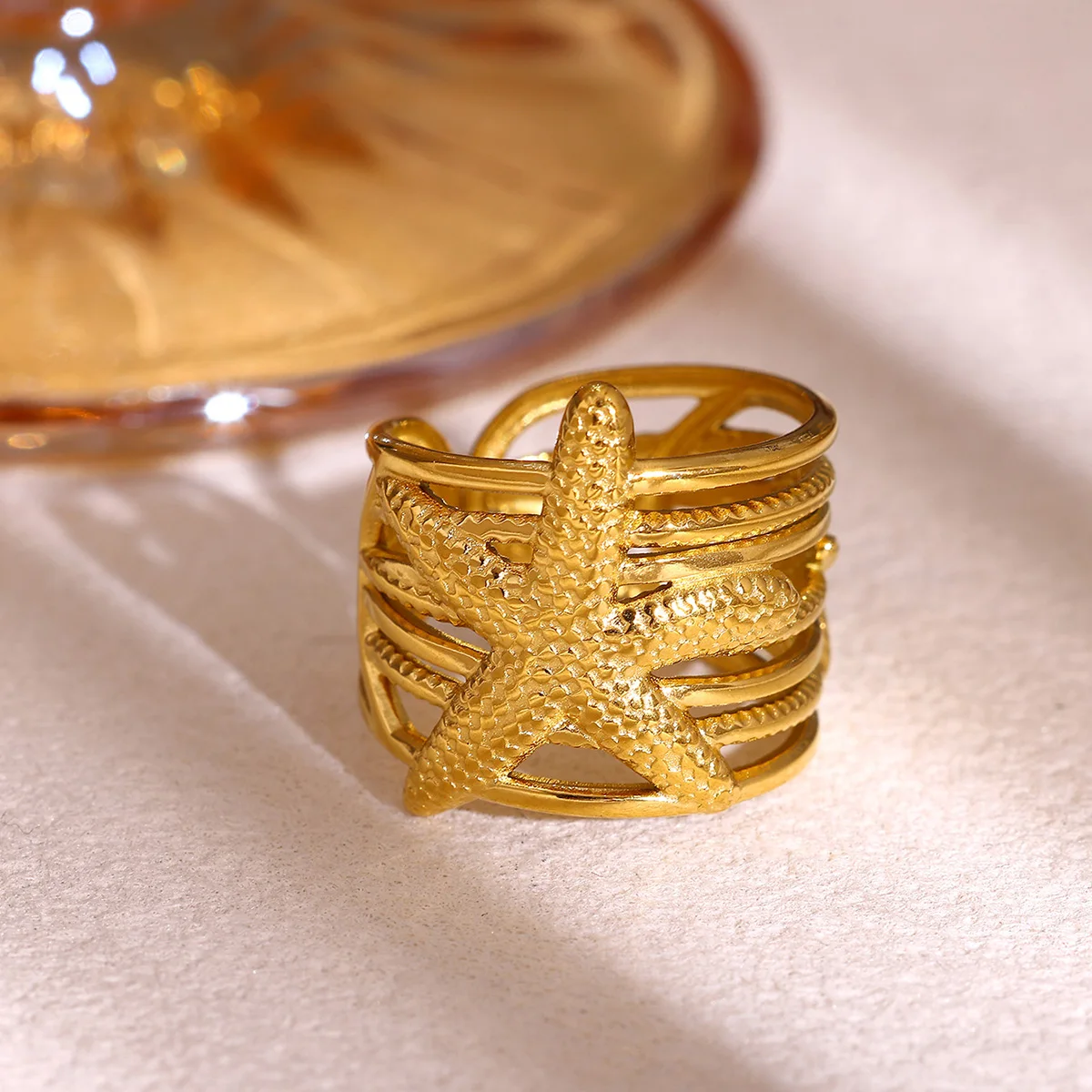 Stainless Steel Starfish Rings For Women Gold Color Starfish Ocean Finger Ring Summer Vacation Waterproof Jewelry Gift