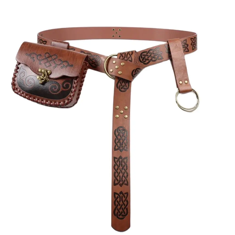Medieval Cosplay Belt Leather Embossed Retro Belt Copper Coin Waist Bag with Key Hiking Skirt Clip Halloween Cosplay Dress up