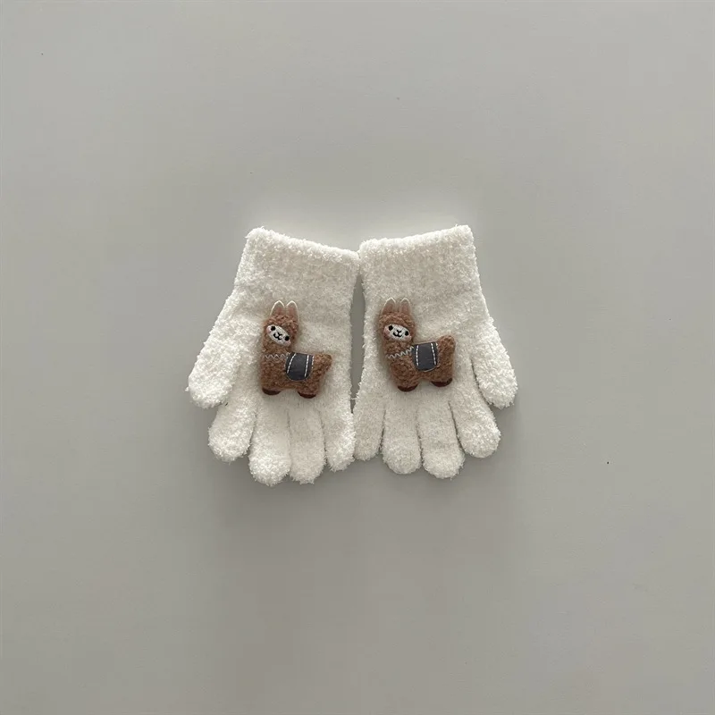 cartoon Girls Plush Knitted Full Finger Gloves, Solid Candy Color Half Fleece Toddler Gloves, Thick Soft Kids Winter Hand Mitts