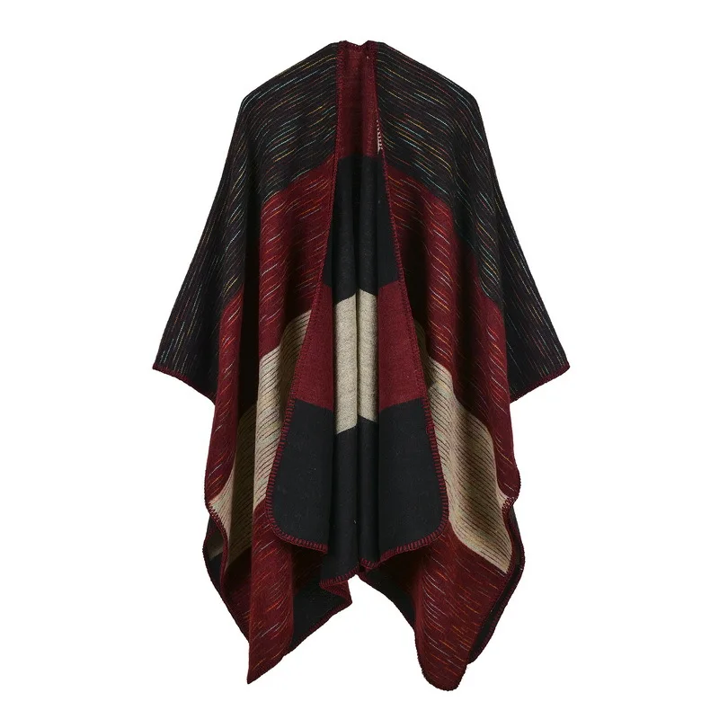 18 Colors Faux Cashmere Women Printed Diamond Slit Cape Autumn Winter Warm Double Side Bat Type Knitted Poncho Cloak