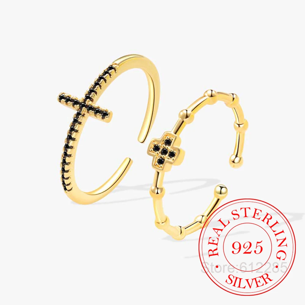 

925 Sterling Silver Black Zircon Crystal Cross Finger Rings For Women Fashion Wedding Engagement Party Charm Jewelry
