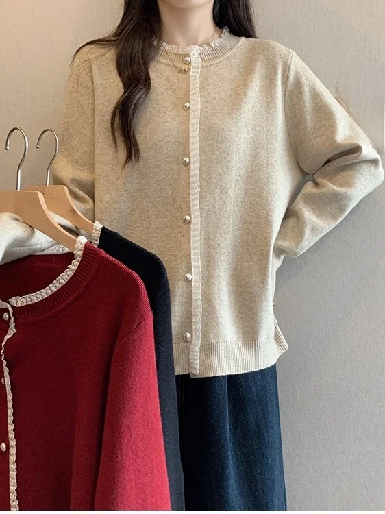 

plus Size Women's Soft Sle Color Blo Lace Trim Knitwear Jaet Autumn Winter New Slimming Knitted Open Cardigan Top