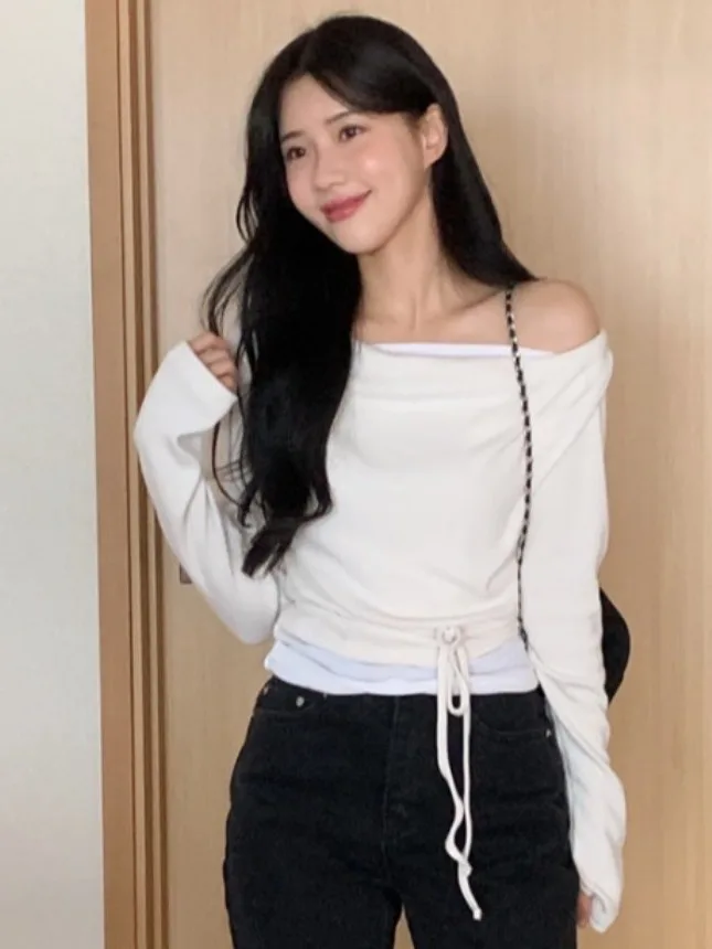 Cseta E de Primavera Antienvejecimiento de Un Solo Hombro y Manga Larga, Estilo Informal para Mujer, con Cordón Aju...