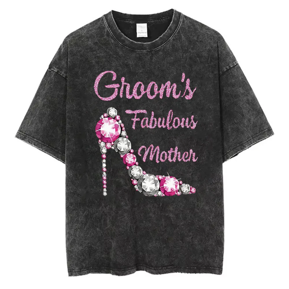 Grooms Fabulous Mother T Shirt Glitter Letter Heel Graphic Vintage Washed Black Cotton Loose Fit Top Light Luxury Gift for Women