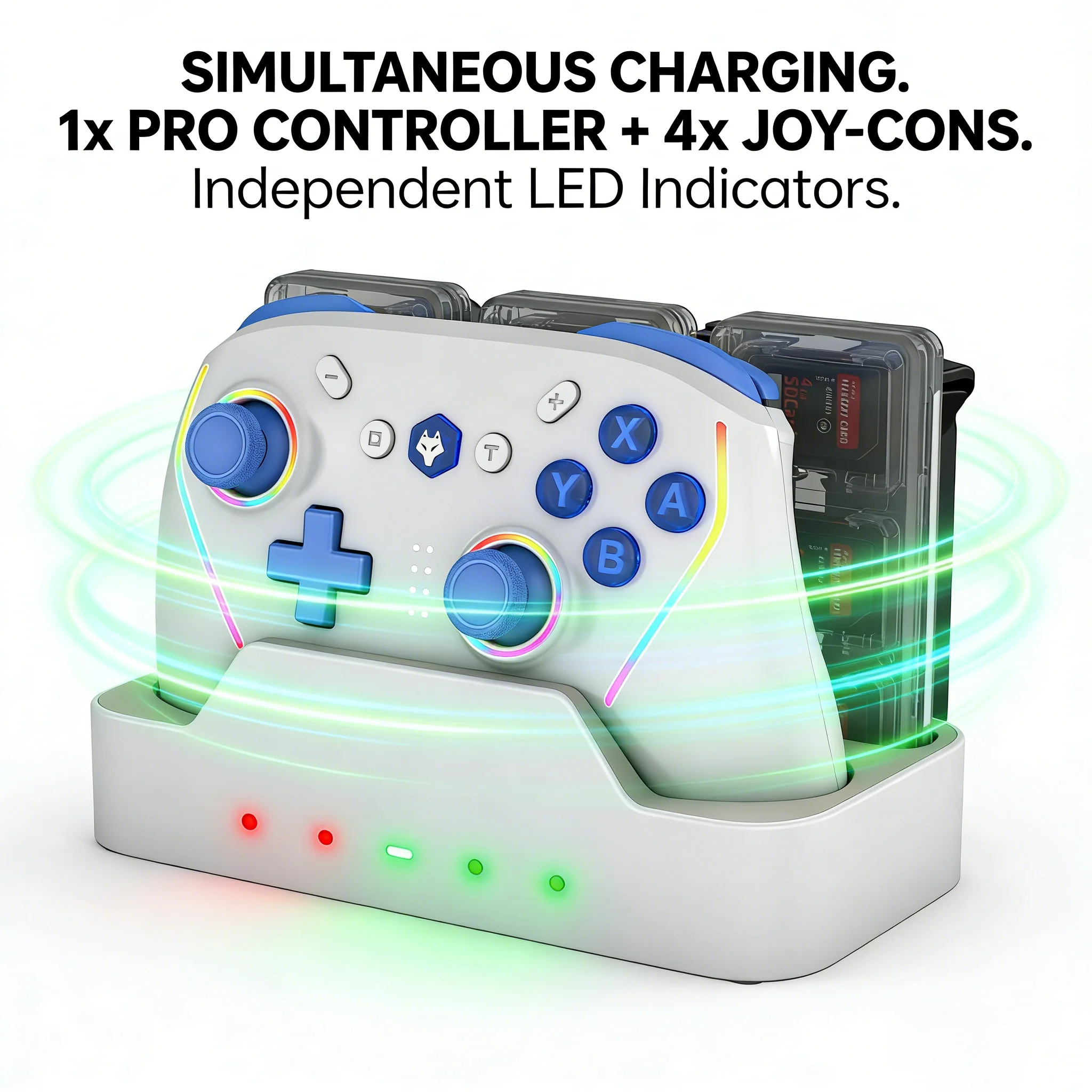 Controller + Charging Dock Set: Multi-Platform Wireless Gamepad with Replaceable Battery, RGB Lighting, Back Buttons Programming