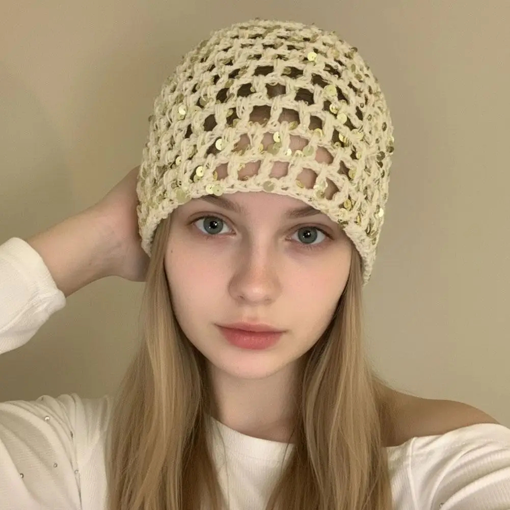 Sparkly Sequins Crochet Beanie Hat for Women, Openwork Breathable Knit Cap Comfort Ideal for Party, Festival Daily Wear