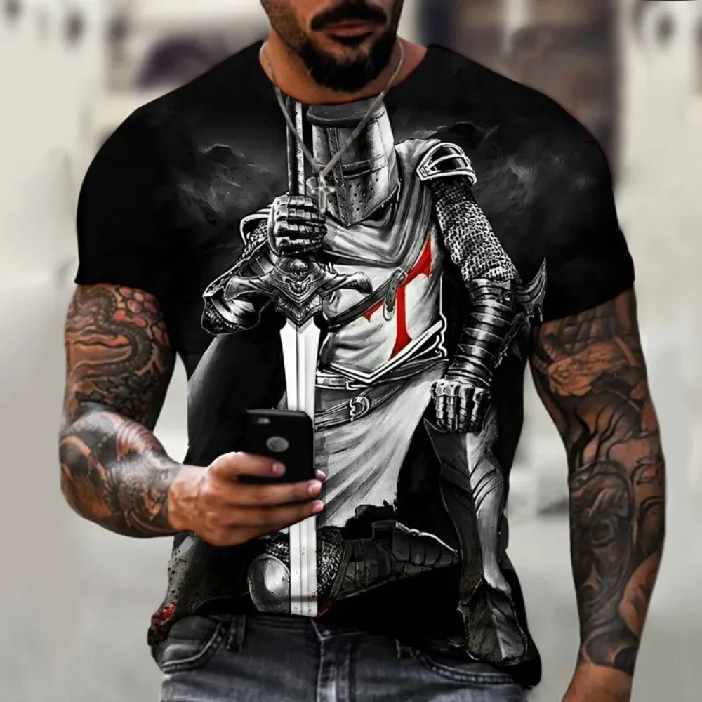 T-shirt vintage stampata in 3D dei Templar Knights, top a maniche corte, vestibilità ampia casual oversize, camicia estiva da uomo Harajuku