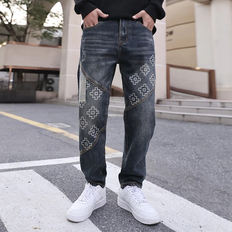 Trendy Patchwork Printed Jeans For Men Denim Straight Leg Pants Streetwear Plus Size Distressed Vintage Oversized Casual Fashion