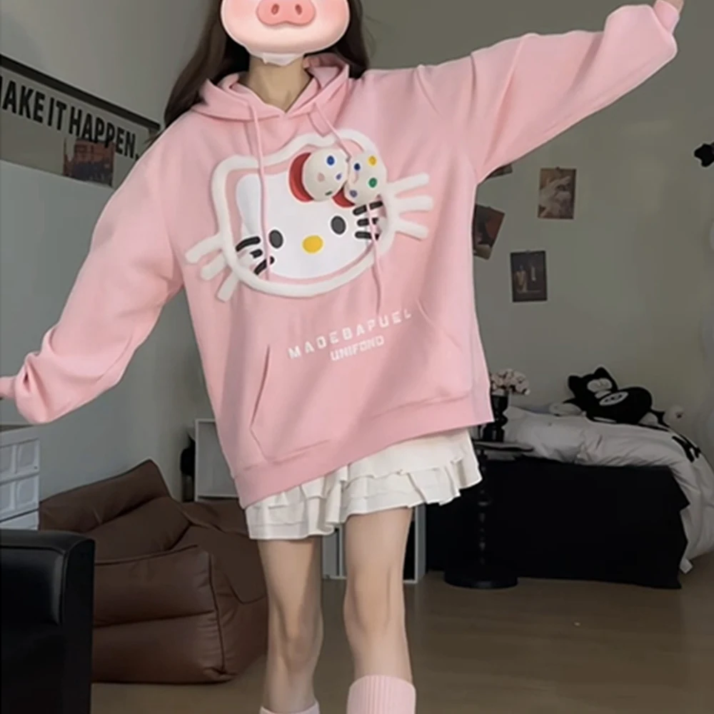 Sanrio Hello Kitty Plush 3D Embroidered Sweatshirt Sweatshirt Cartoon Autumn Winter Couple Hooded Sweatshirt for Women Men Tops