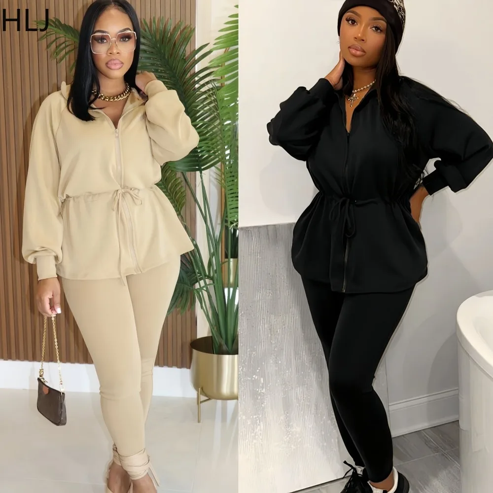 

HLJ Winter New Casual 2 Pieces Set for Woman Outfits Solid Color Long Sleeves Crop Top and Pants Matching Female Streetwear 2025