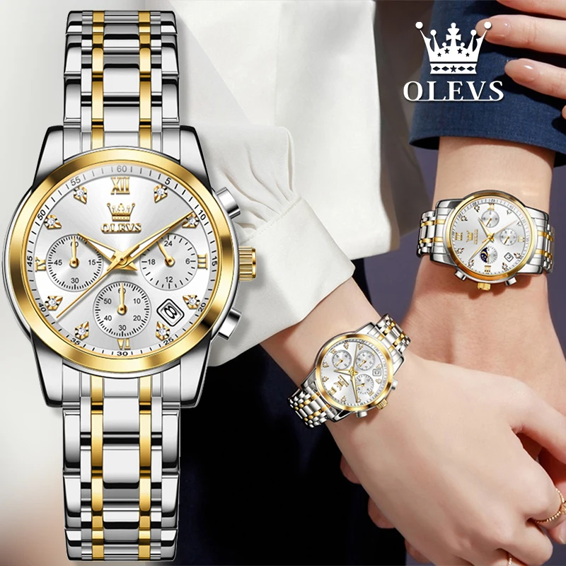 OLEVS Premium Couple Watches Business Fashion Casual Stainless Steel Sport Quartz Wristwatch Original Chornograph For Lover Gift