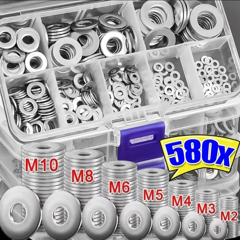 

580/180PC Stainless Steel Flat Washers Gasket Rings Plain Screw Assortment Kits M2 M2.5 M3 M4 M5 M6 M8 M10 Hardware Metal Washer