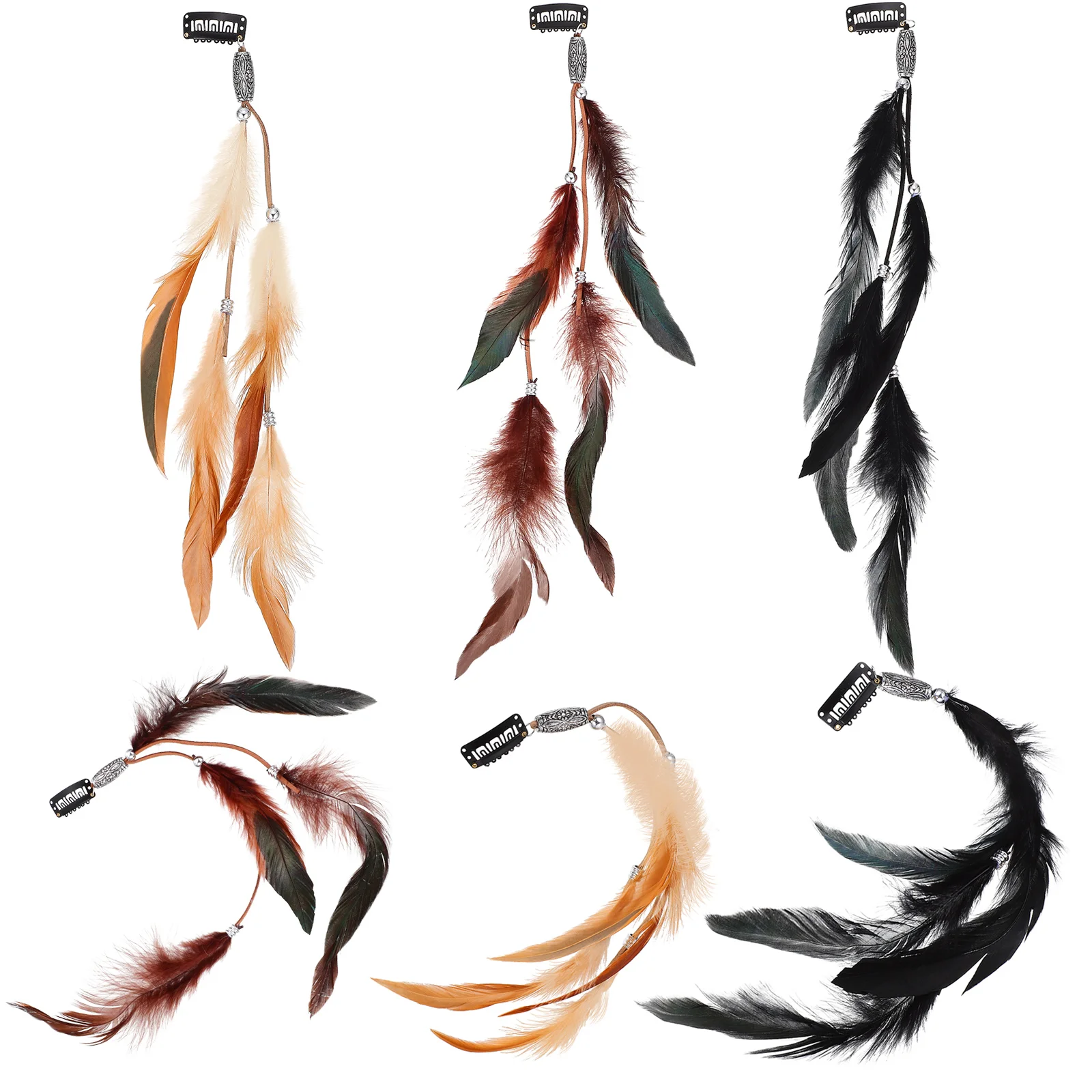 6 Pcs Tassel Barrette Hair Extensions with Clip Pins Bohemian Clips Plume Headpieces Peacock Headdress Indian