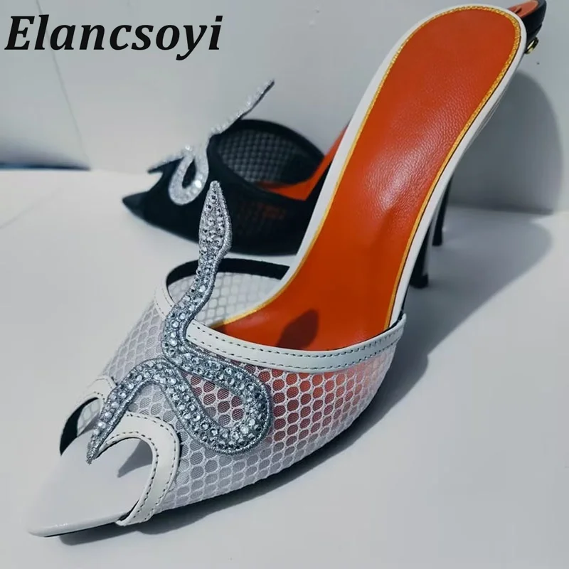Women's summer party solid color pointed rhinestone high-heeled slippers 2026 fashionable open toe mesh perforated sandals