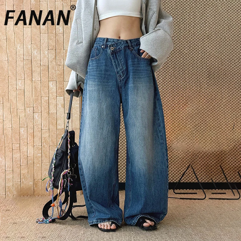 

FANAN Spring Summer New Fashion High-Waisted Irregular Button Jeans Loose Wide-Leg Trousers For Women Washed Denim Pants