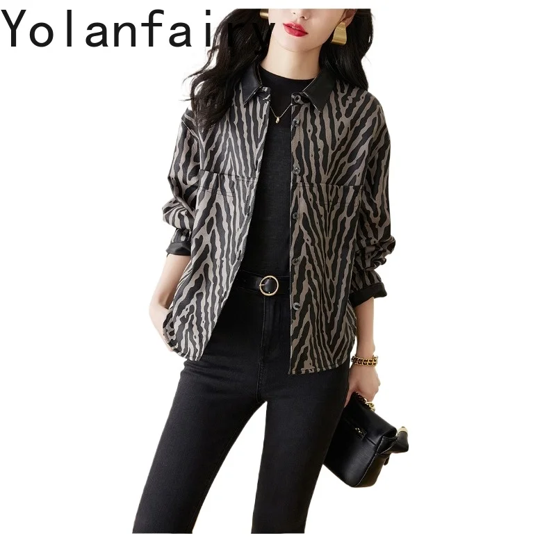 YOLANFAIRY Genuine Sheepskin Leather Jacket Women Fashion Leopard Printed Real Leather Coat Short Chic Woman Clothes chaquetas