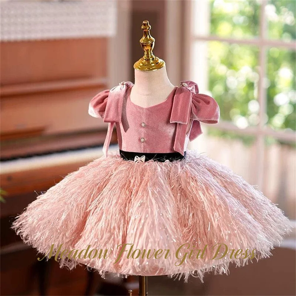 Meadow Pink Tutu Fluffy Prom Gown Off the Shoulder Children Birthday Wedding Dresses with Bow Puffed Sleeve Flower Girl Gown