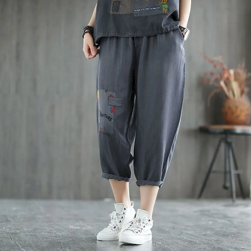 Silk Denim T Shirt Sets Women 2024 Summer Trend Suits Fashion Vintage Printed Short Sleeve T-shirt and Cropped Pants 2 Piece Set