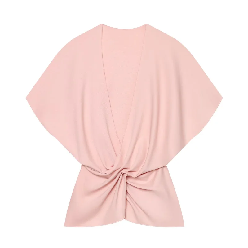 2026 Women Elegant Pink Two Piece Set Deep V Batwing Sleeve Twist Front Top Long Midi Skirt Matching Outfit Party Formal Suit