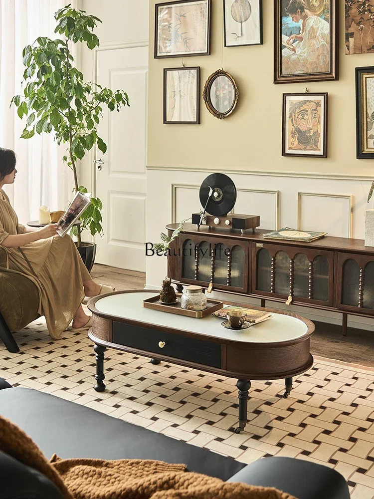 Mesa de centro de madera maciza retro francesa, luz extraíble, mesa de centro de vidrio ovalado de alta gama de lujo