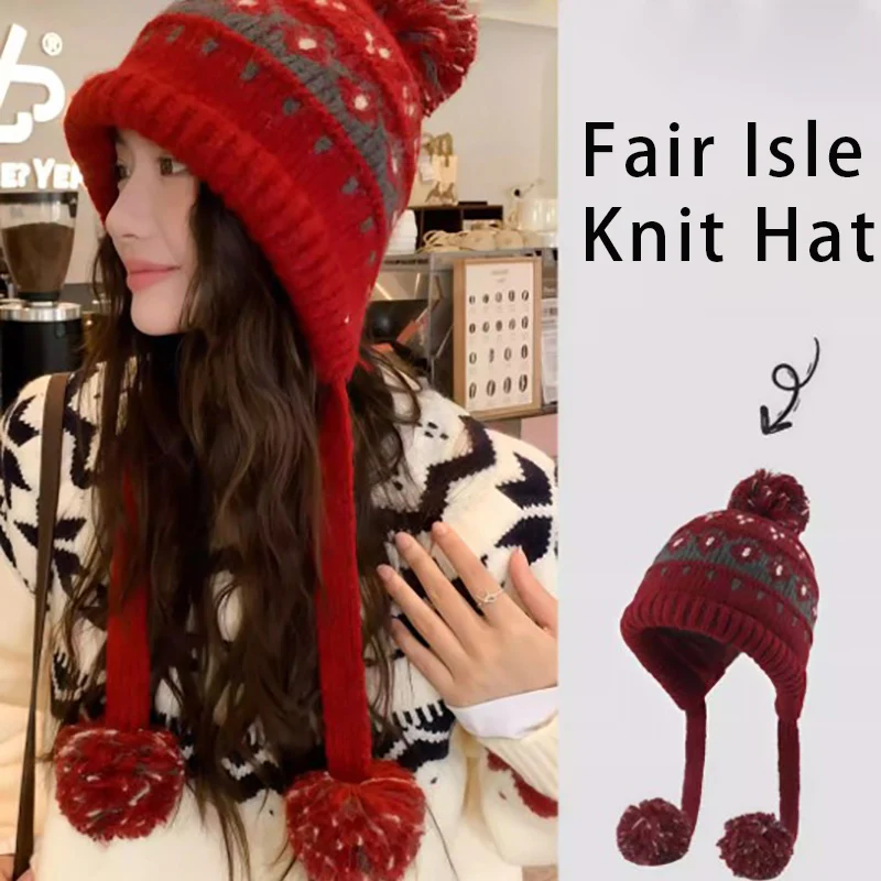 

Новая женская рождественская шапка-авиатор с помпоном, вязаная шапка с защитой ушей, привлекательная зимняя шапка большого размера