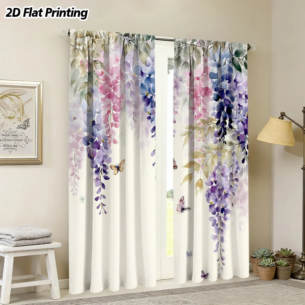 Watercolor Floral Wisteria Curtains Living Room Curtains Elegant Window Curtain Panel Drapery Purple Blue Bloom Decoration House