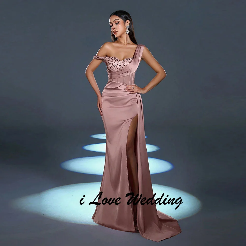 

Sweetheart Collar Pleated Evening Dress Sexy Sheath Side Split Long Prom Party Dress with Sweep Court Beaded Sequins Customized