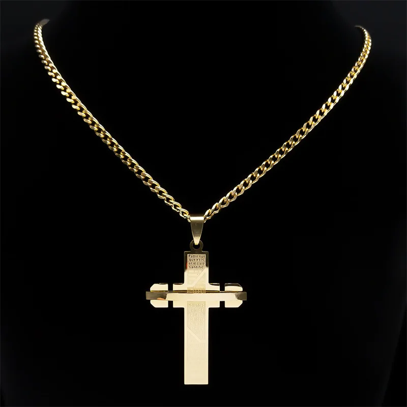 Hip Hop Spanish Lord's Prayer Cross Necklace for Women Men Gold Color Stainless Steel Bible Verse Chain collar hombre N6207GD