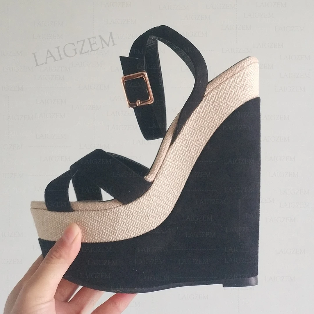 LAIGZEM Women Sandals Platform Wedges Ankle Strap Open Toe Patchwork Pumps Ladies Lace Up Shoes Woman Big Size 38 41 42 45 48