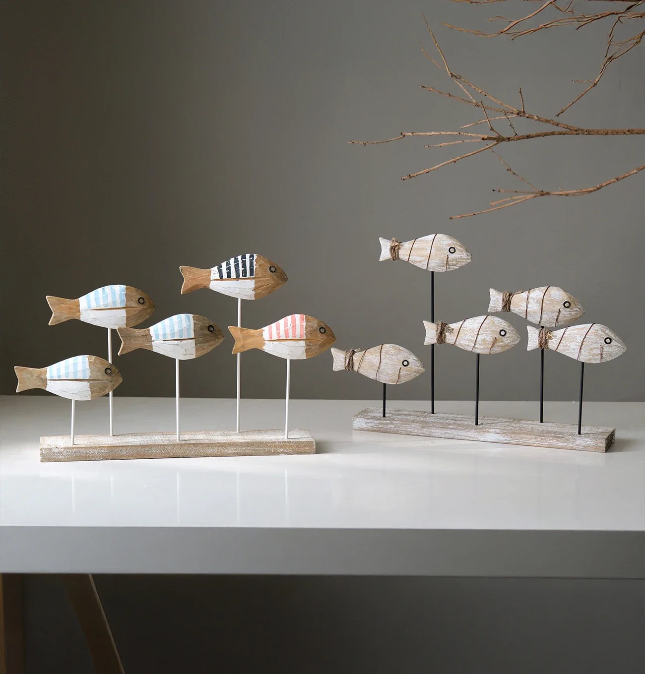 Decoraciones de peces madera 3D estilo mediterráneo Retro, adornos artesanales escritorio tallados a mano en el océano,
