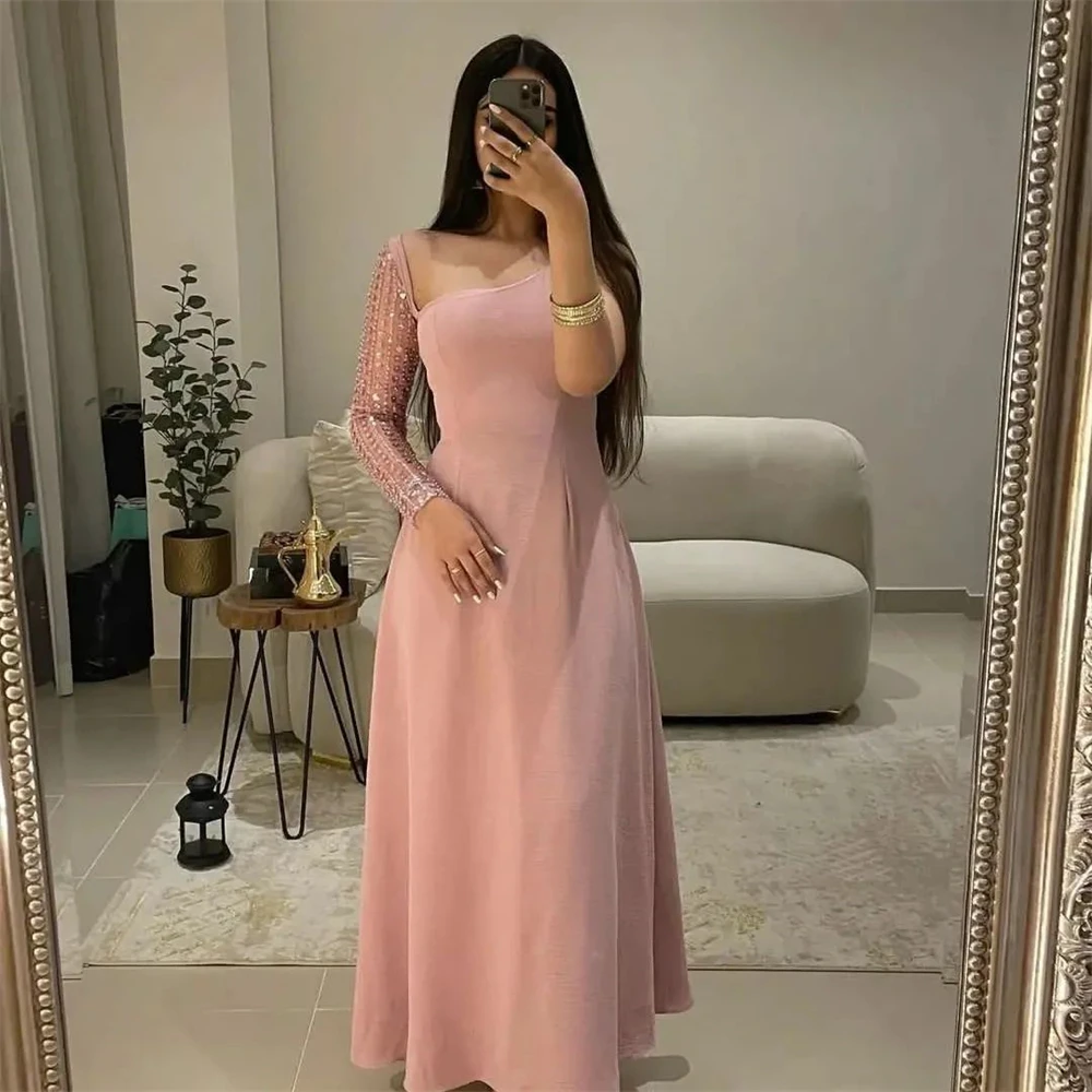 

Noble Light Purple One Shoulder Prom Dress Ankle Length With Long Sleeves Evening Summer Party Dress For Women2023