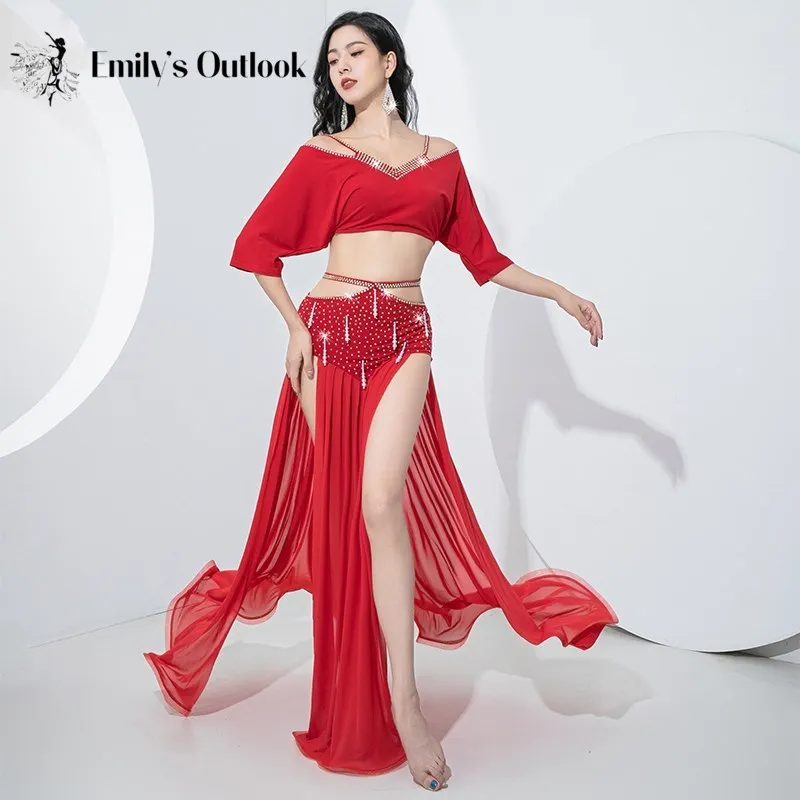 

Rhinestone Belly Dance Costume Women 2 Piece Sexy Fishtail Skirt Sexy Side Split Adults V Neck Top Long Sleeve Sparkle Oriental