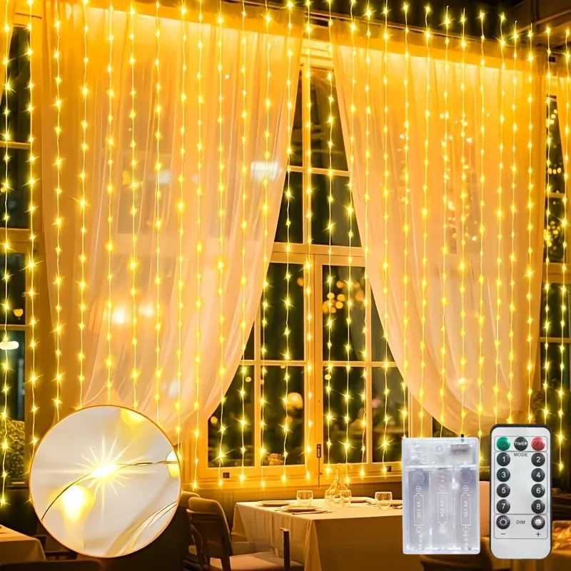 Battery Operated Curtain String Lights with Remote 8 Modes 100‑600LED Warm White Multicolor Fairy Light for Wedding Xmas Decor