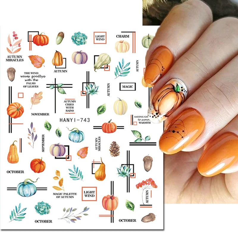 3d Nail Art Decals Halloween Autumn Geometric Line Pumpkin Leaves Flowers Pinecone Fruits Nail Stickers For Nail Tips Decoration