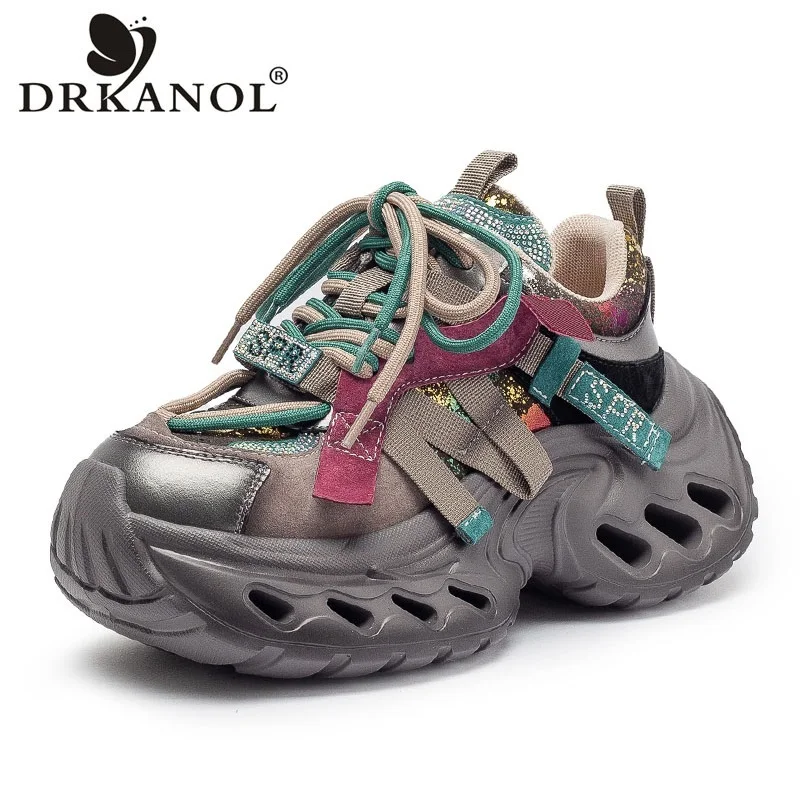 

Женские кроссовки DRKANOL на толстой подошве с увеличением роста, в стиле «папины туфли», на массивной платформе, с блестящими стразами, удобные повседневные кеды