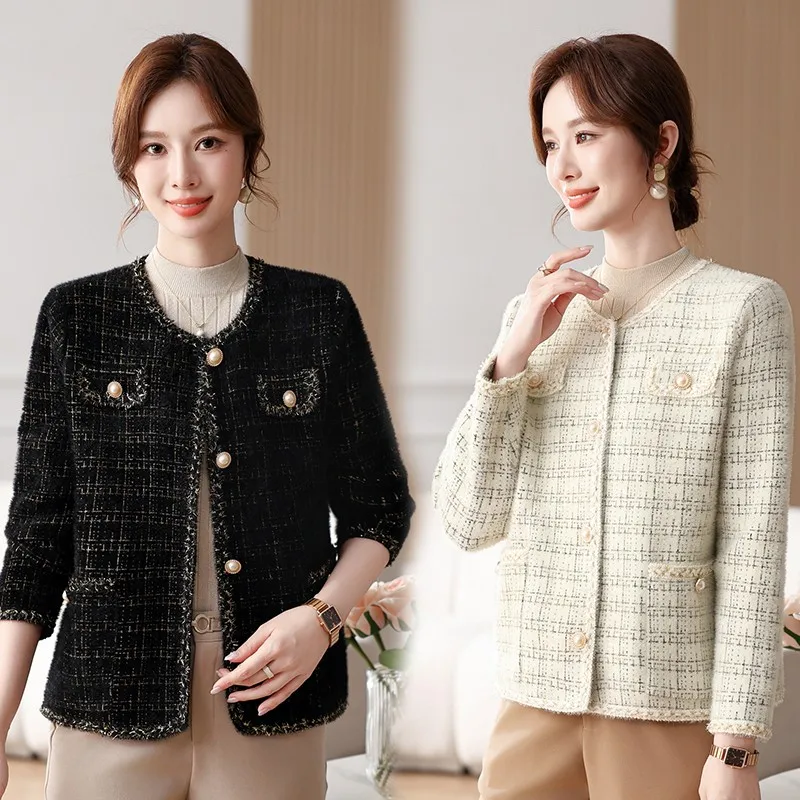 Autumn Winter Women Round Neck Woolen Coat Women Fashion Casual Knitted Cardigan Chic Button Short Tweed Soft Jacket