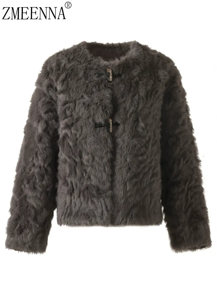 

ZMEENNA Women's Faux Fur Jacket Shaggy Warm Long Sleeve Round Neck Outwear Winter Casual Fashion Short Coat Hook Eye ZM3353