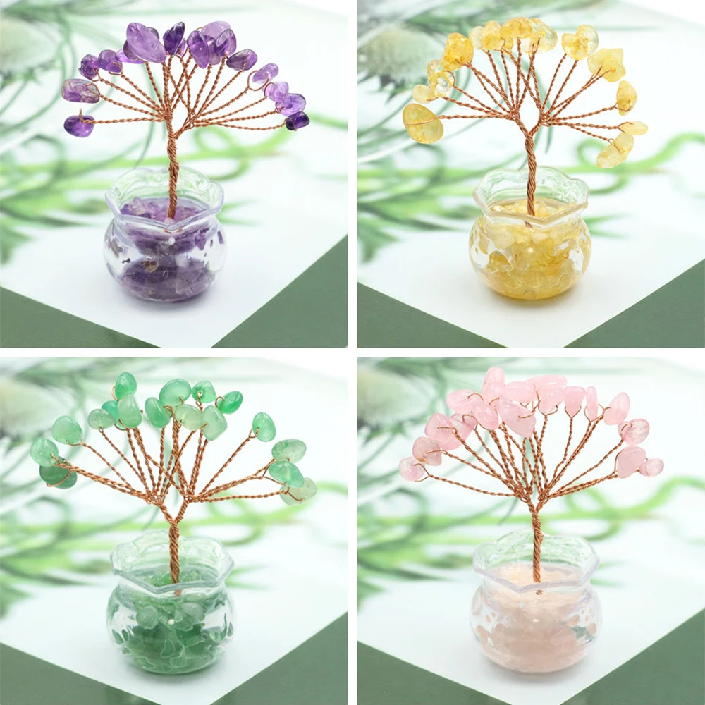 Lucky Mini Tree Natural Crystal Wire Winding Amethyst Citrine Gravel Home Office Feng Shui Decoration Crafts Money Trees Gifts