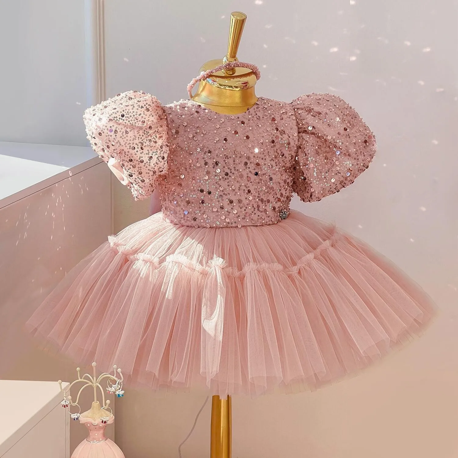 

Pink Sequined Baby Party Dresses Sweet Bow Girls Princess First Birthday Party Tutu Ball Gown Tulle Evening Vestido 6M-8 Years