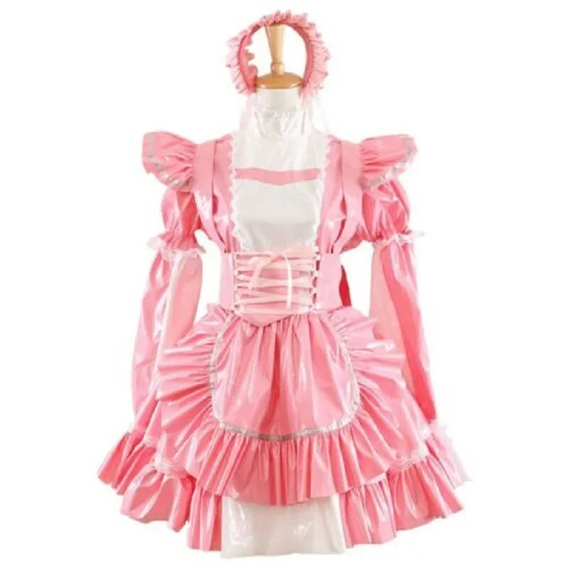 Pink high shoulder bow ribbon bubble sleeve PVC maid dress rode play Costume Customization js3312